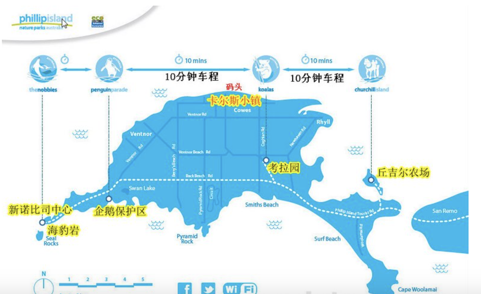 澳大利亚15天自驾路线   b菲利普岛 地图中英文对照:卡尔斯小镇cowes